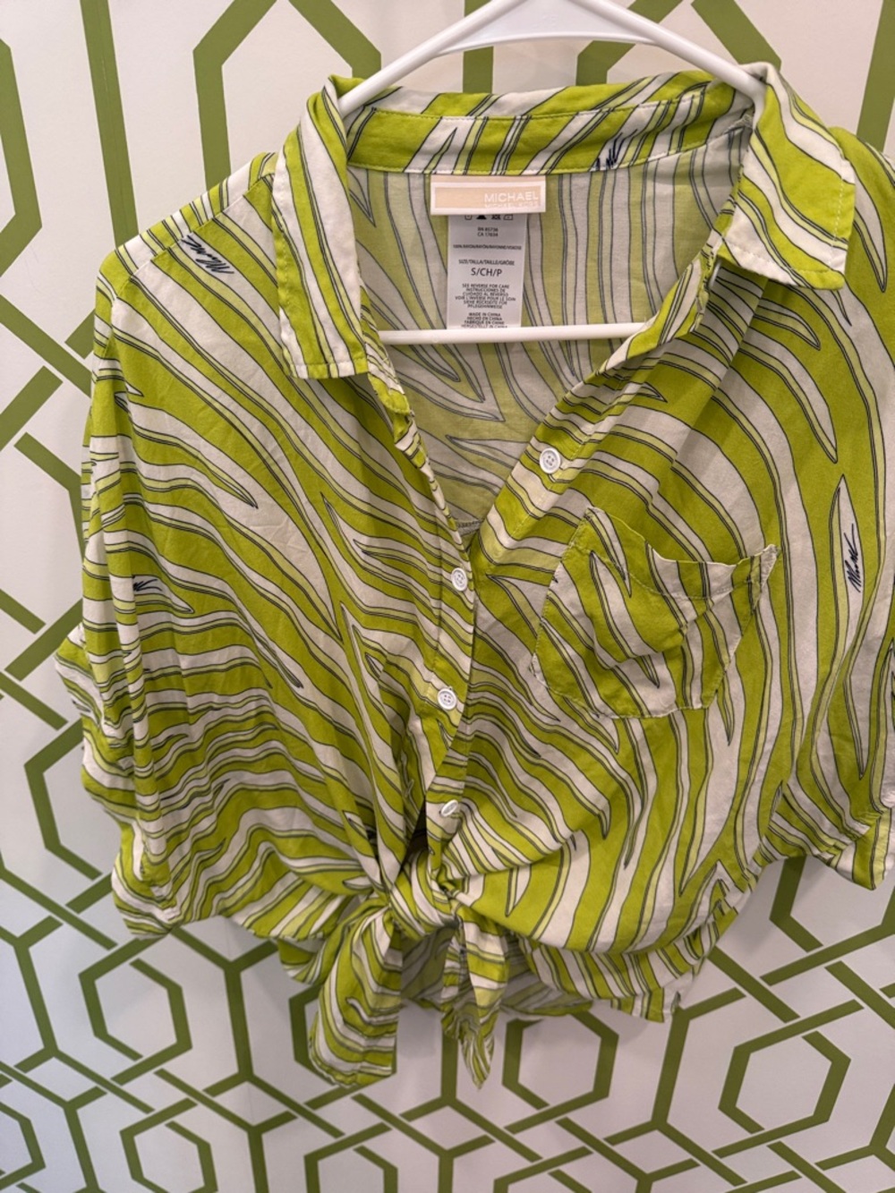MICHAEL Michael Kors Lime and‎ Cream Zebra-Striped Button Tie-Front Swim Shirt!